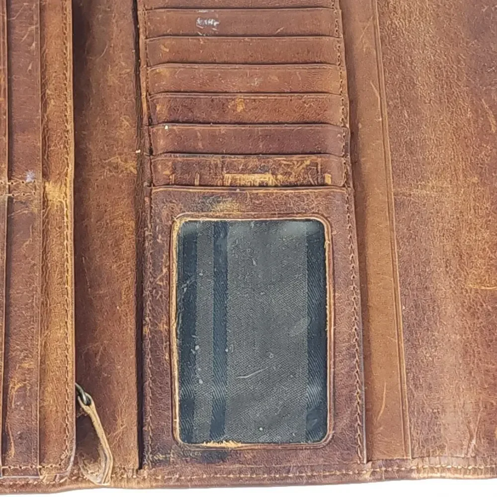 Frye Melissa Continental Cognac Brown Distressed Leather Snap Trifold Wallet - Picture 12 of 13